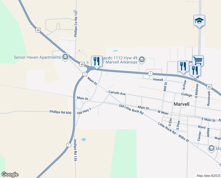map of restaurants, bars, coffee shops, grocery stores, and more near 1134 Carruth Avenue in Marvell
