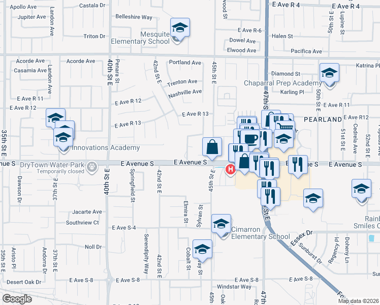 map of restaurants, bars, coffee shops, grocery stores, and more near 37224 43rd Street East in Palmdale
