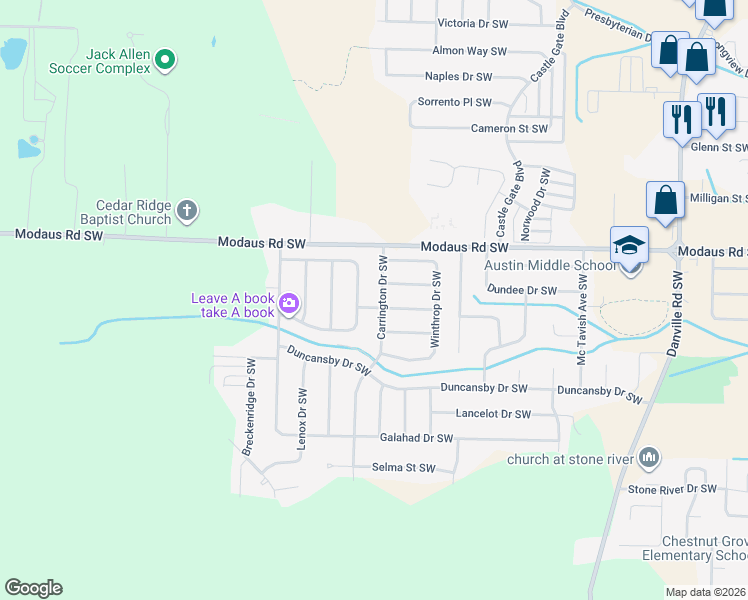 map of restaurants, bars, coffee shops, grocery stores, and more near 2715 Carrington Drive Southwest in Decatur