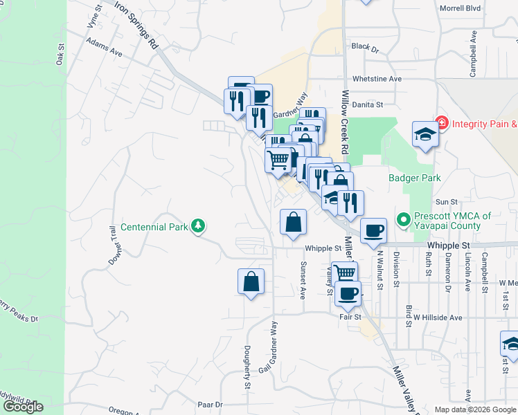 map of restaurants, bars, coffee shops, grocery stores, and more near 875 Gail Gardner Way in Prescott