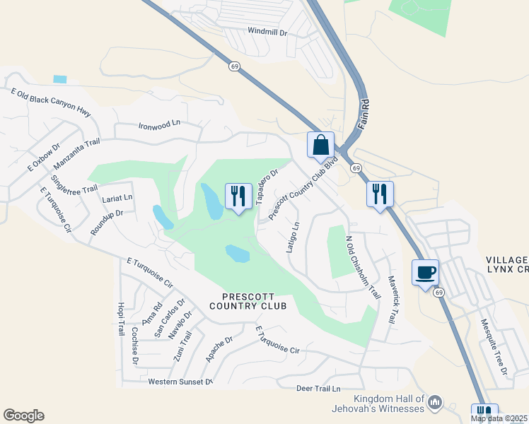 map of restaurants, bars, coffee shops, grocery stores, and more near 1102 Prescott Country Club Boulevard in Yavapai County