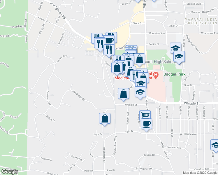 map of restaurants, bars, coffee shops, grocery stores, and more near 860 Gail Gardner Way in Prescott