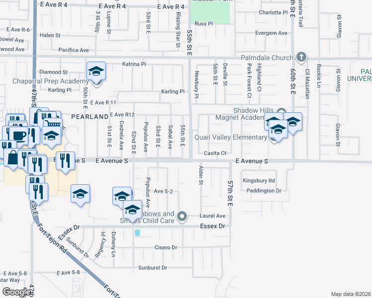 map of restaurants, bars, coffee shops, grocery stores, and more near 37222 55th Street East in Palmdale