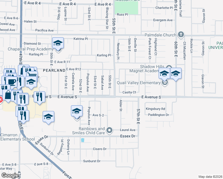 map of restaurants, bars, coffee shops, grocery stores, and more near 37222 55th Street East in Palmdale