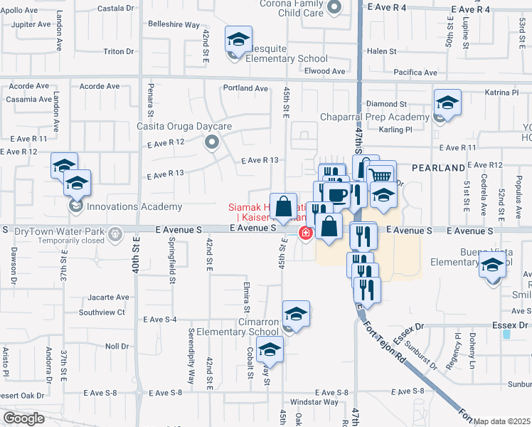 map of restaurants, bars, coffee shops, grocery stores, and more near 4327 Cantamar Court in Palmdale