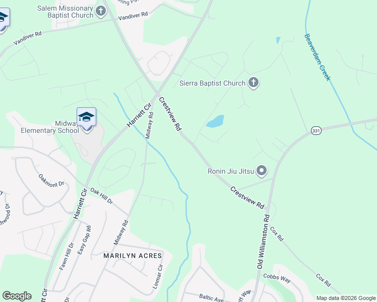 map of restaurants, bars, coffee shops, grocery stores, and more near 1401 Crestview Road in Anderson