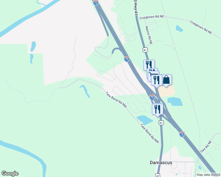 map of restaurants, bars, coffee shops, grocery stores, and more near 208 Louise Lane in Calhoun