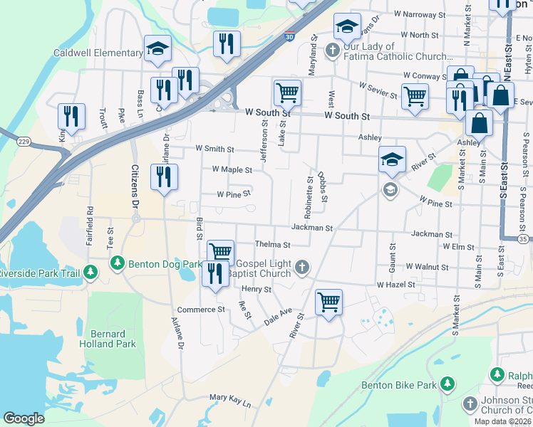 map of restaurants, bars, coffee shops, grocery stores, and more near 1107 Jackman Street in Benton