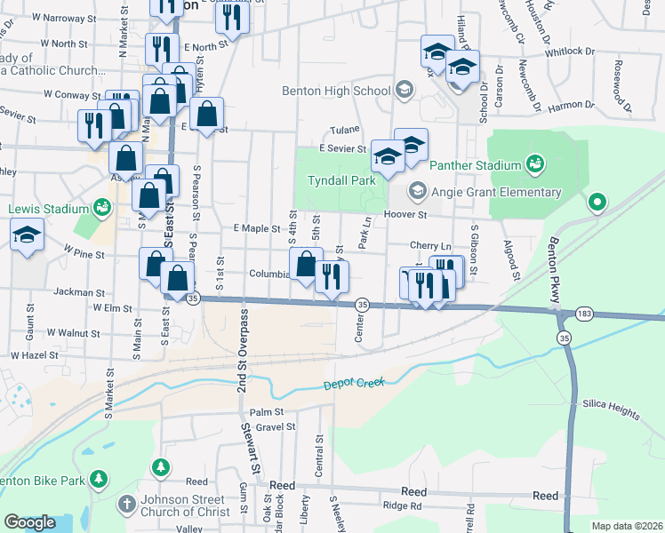 map of restaurants, bars, coffee shops, grocery stores, and more near 806 Columbia Avenue in Benton