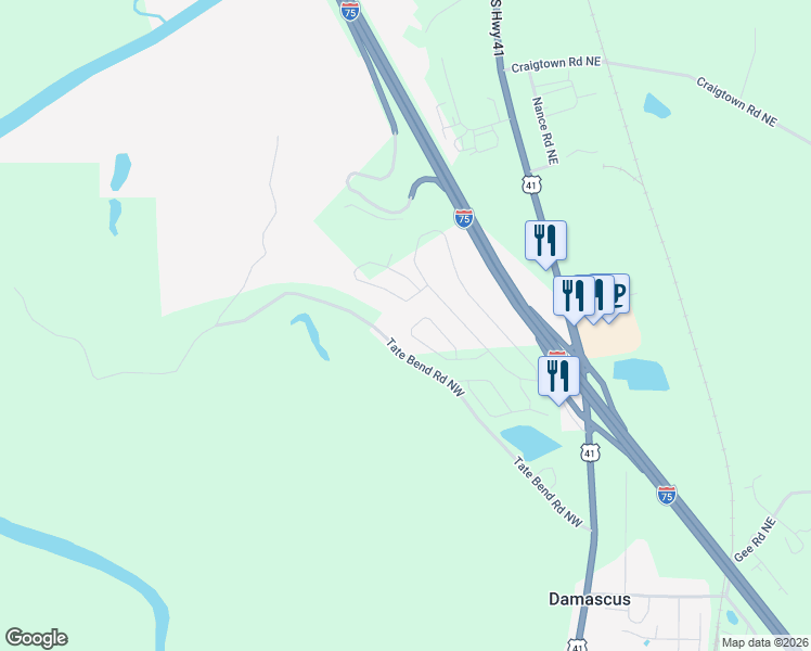 map of restaurants, bars, coffee shops, grocery stores, and more near 208 Louise Lane in Calhoun