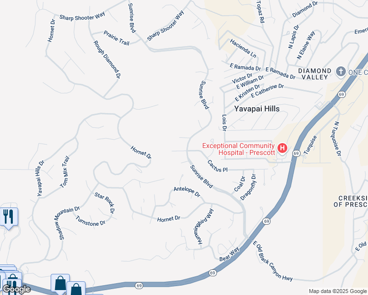 map of restaurants, bars, coffee shops, grocery stores, and more near 732 Sunrise Boulevard in Prescott