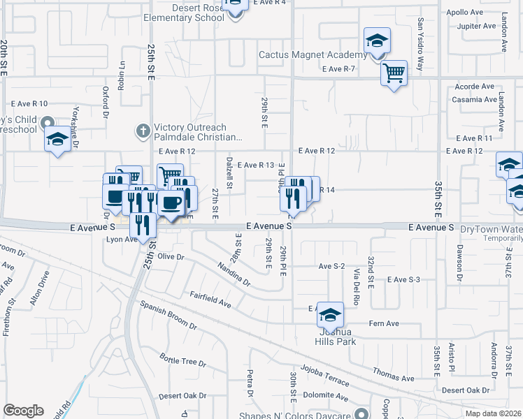 map of restaurants, bars, coffee shops, grocery stores, and more near 2813 East Avenue R16 in Palmdale