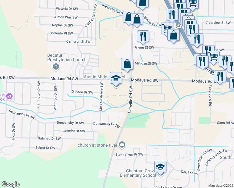 map of restaurants, bars, coffee shops, grocery stores, and more near 2715 Danville Road Southwest in Decatur