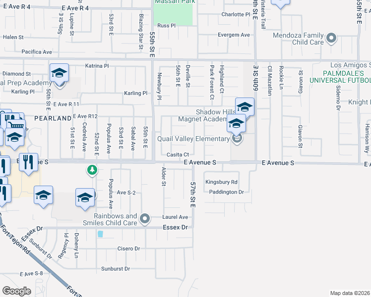 map of restaurants, bars, coffee shops, grocery stores, and more near 5610 Casita Court in Palmdale