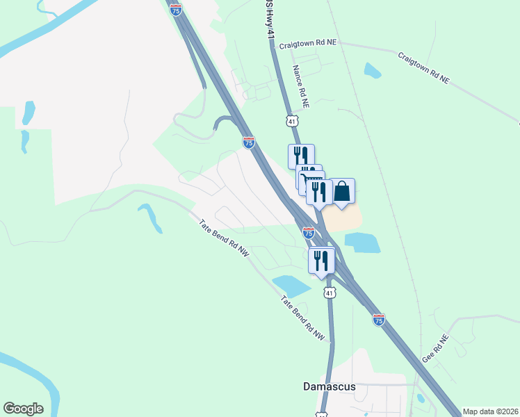 map of restaurants, bars, coffee shops, grocery stores, and more near 280 Soldiers Pathway in Calhoun