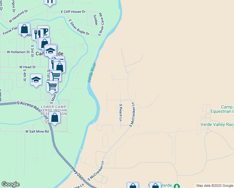 map of restaurants, bars, coffee shops, grocery stores, and more near 601-643 South Peach Lane in Camp Verde