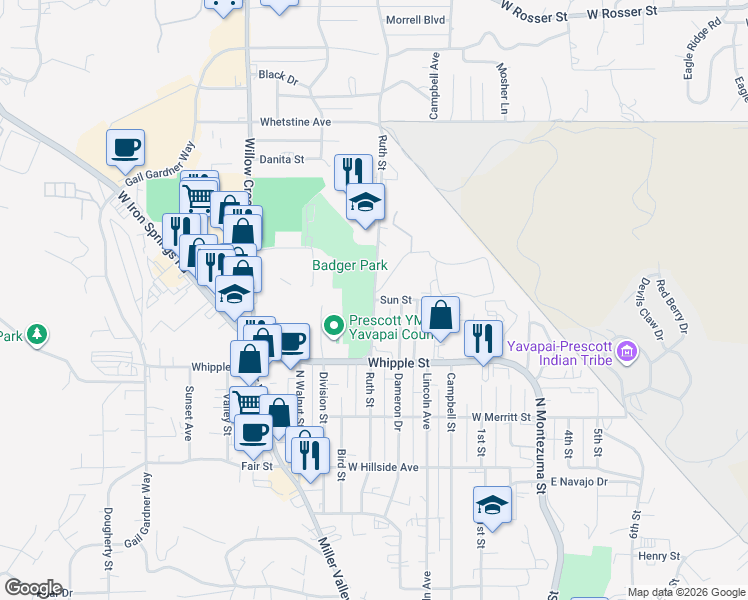 map of restaurants, bars, coffee shops, grocery stores, and more near 698 Sun Street in Prescott