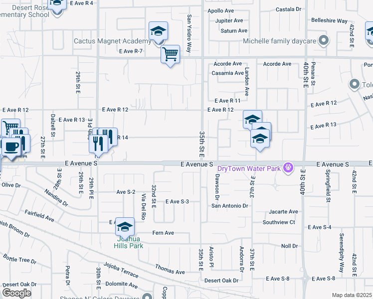 map of restaurants, bars, coffee shops, grocery stores, and more near 3347 East Avenue S in Palmdale