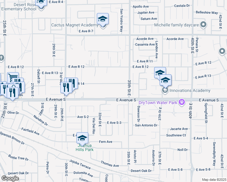 map of restaurants, bars, coffee shops, grocery stores, and more near 3315 East Avenue S in Palmdale