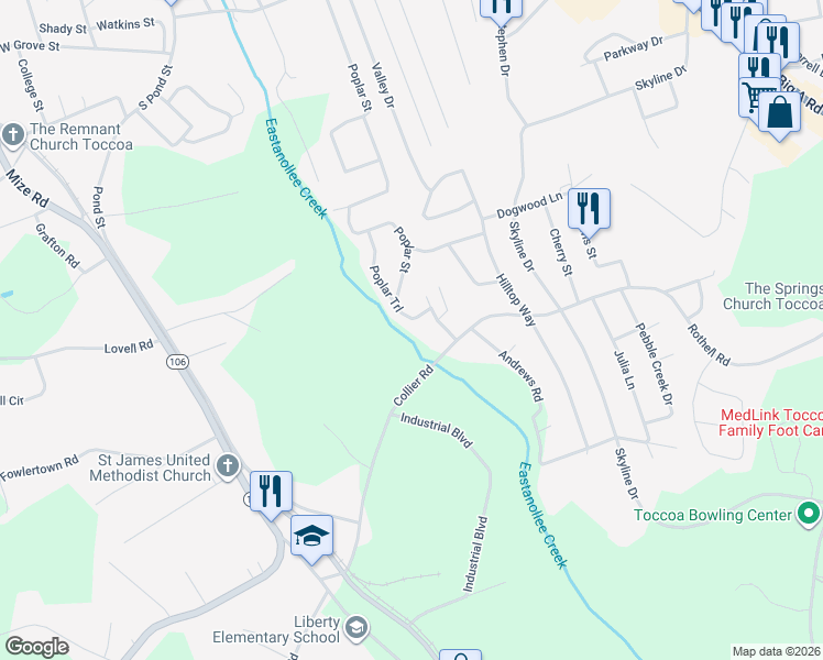 map of restaurants, bars, coffee shops, grocery stores, and more near 615 Collier Road in Toccoa
