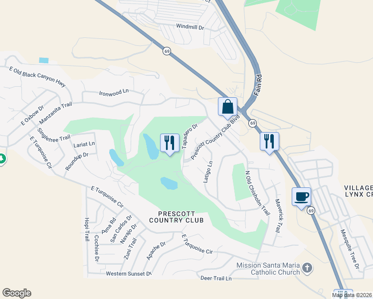 map of restaurants, bars, coffee shops, grocery stores, and more near 1102 Prescott Country Club Boulevard in Yavapai County