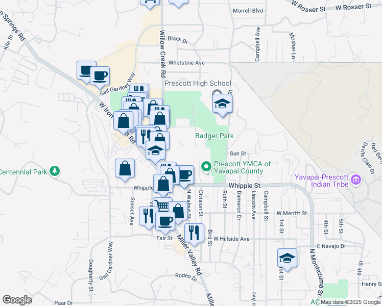 map of restaurants, bars, coffee shops, grocery stores, and more near 960 Division Street in Prescott