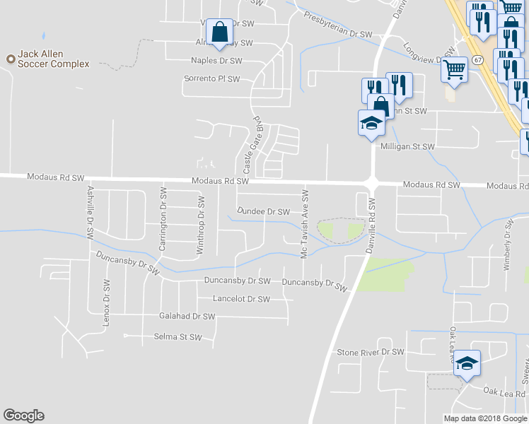map of restaurants, bars, coffee shops, grocery stores, and more near 2801 Montrose Drive Southwest in Decatur