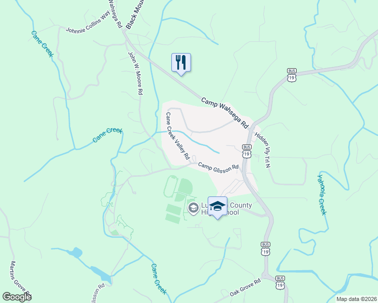 map of restaurants, bars, coffee shops, grocery stores, and more near 316 Camp Glisson Road in Dahlonega