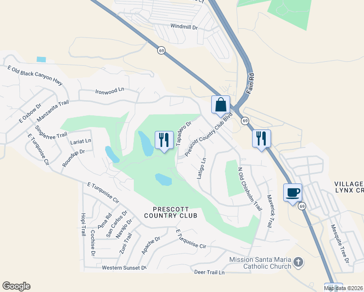 map of restaurants, bars, coffee shops, grocery stores, and more near 1145 Tapadero Drive in Yavapai County