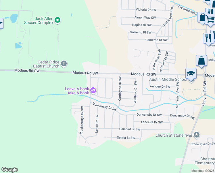 map of restaurants, bars, coffee shops, grocery stores, and more near 2801 Revere Avenue Southwest in Decatur
