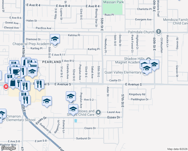 map of restaurants, bars, coffee shops, grocery stores, and more near 37236 Sabal Avenue in Palmdale
