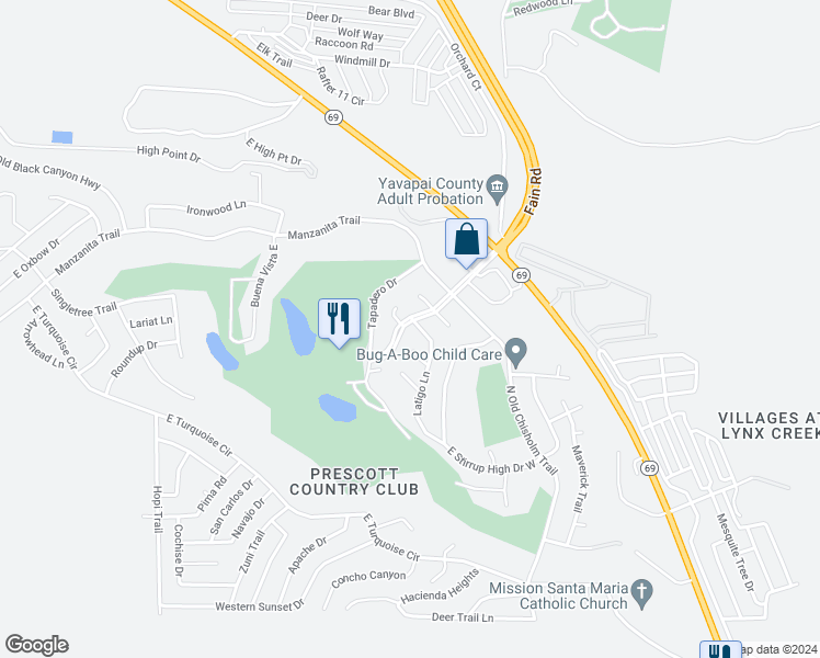 map of restaurants, bars, coffee shops, grocery stores, and more near 1146 Latigo Lane in Yavapai County