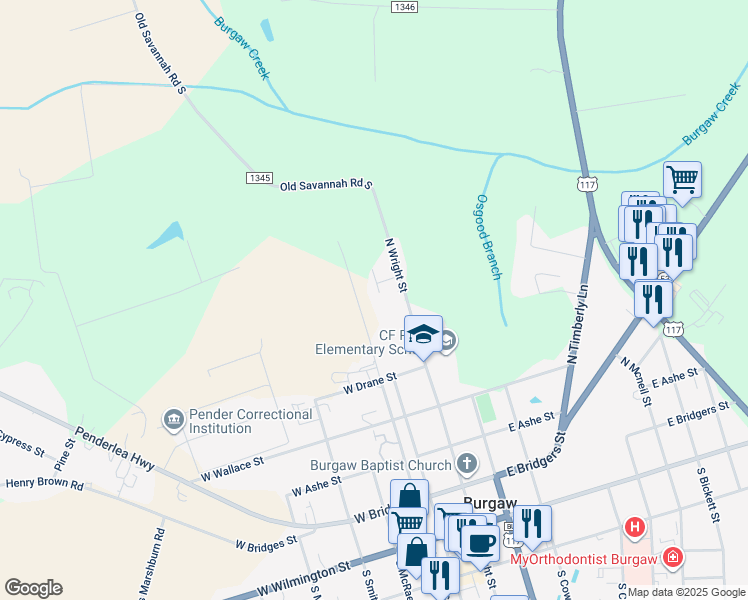 map of restaurants, bars, coffee shops, grocery stores, and more near 701 North Wright Street in Burgaw