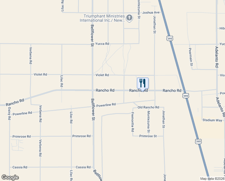 map of restaurants, bars, coffee shops, grocery stores, and more near 11416 Rancho Road in Adelanto