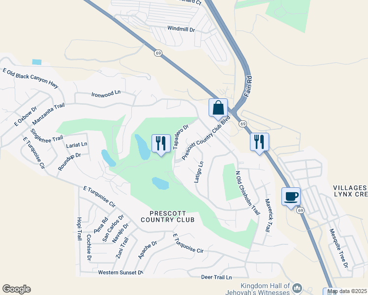 map of restaurants, bars, coffee shops, grocery stores, and more near 1136 Prescott Country Club Boulevard in Yavapai County