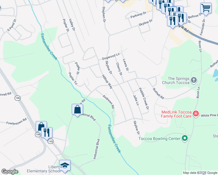 map of restaurants, bars, coffee shops, grocery stores, and more near 387 Hilltop Lane in Toccoa