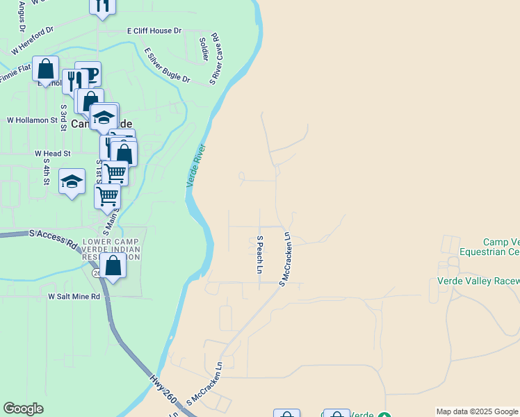map of restaurants, bars, coffee shops, grocery stores, and more near 601 South Peach Lane in Camp Verde