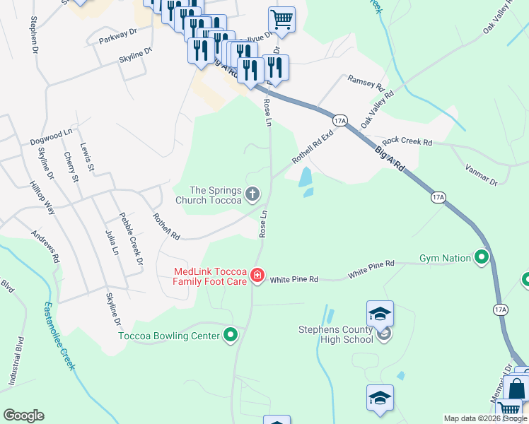 map of restaurants, bars, coffee shops, grocery stores, and more near 342 Rose Lane in Toccoa