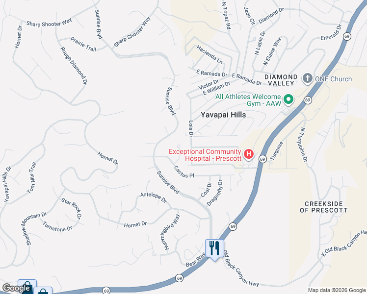 map of restaurants, bars, coffee shops, grocery stores, and more near 755 Meadowlark Ln in Prescott