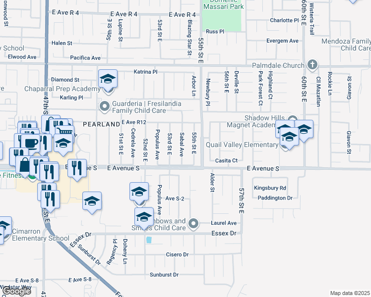 map of restaurants, bars, coffee shops, grocery stores, and more near 37242 Sabal Avenue in Palmdale