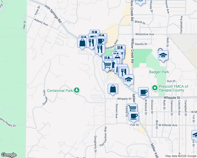 map of restaurants, bars, coffee shops, grocery stores, and more near in Prescott