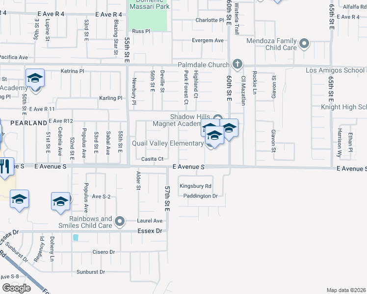 map of restaurants, bars, coffee shops, grocery stores, and more near 37317 57th Street East in Palmdale