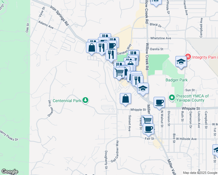 map of restaurants, bars, coffee shops, grocery stores, and more near in Prescott