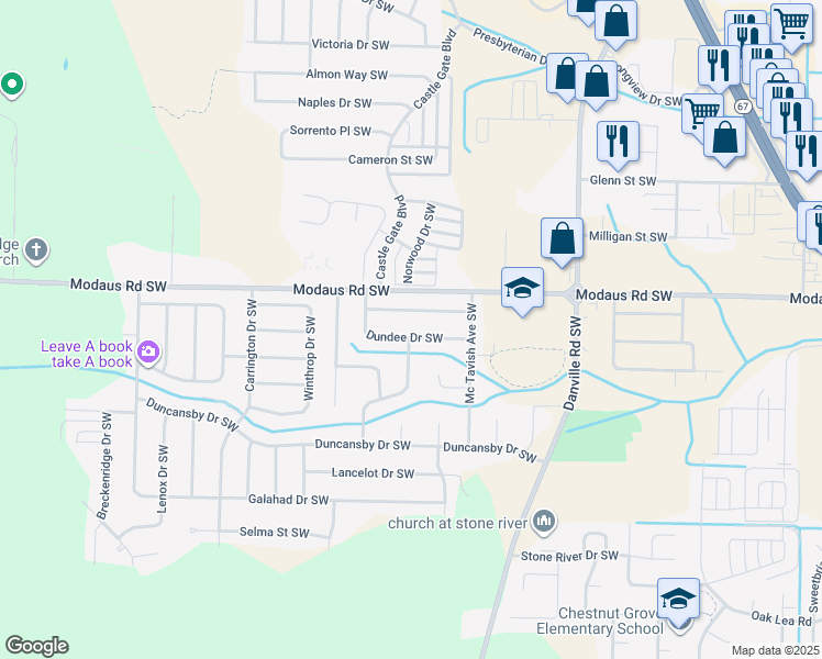 map of restaurants, bars, coffee shops, grocery stores, and more near 2116 Dundee Drive Southwest in Decatur