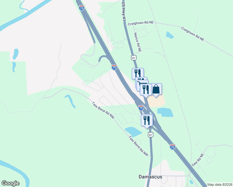 map of restaurants, bars, coffee shops, grocery stores, and more near 306 Soldiers Pathway in Calhoun
