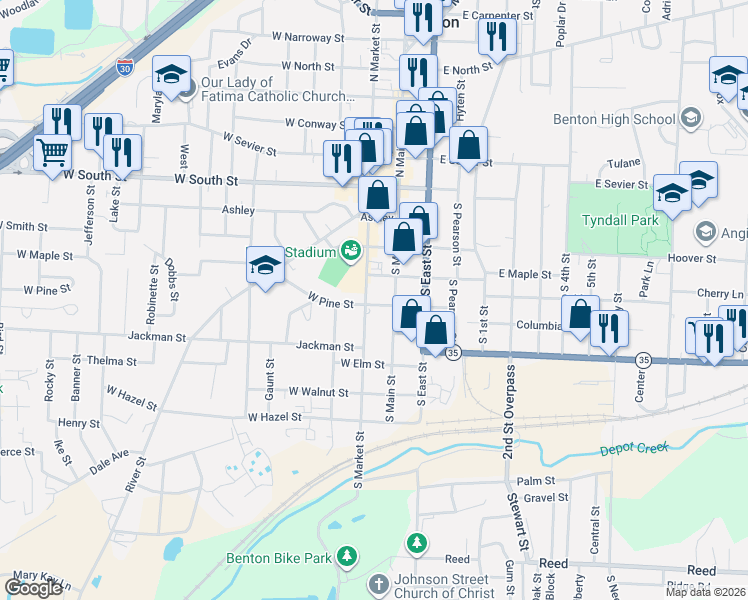 map of restaurants, bars, coffee shops, grocery stores, and more near 112 West Maple Street in Benton