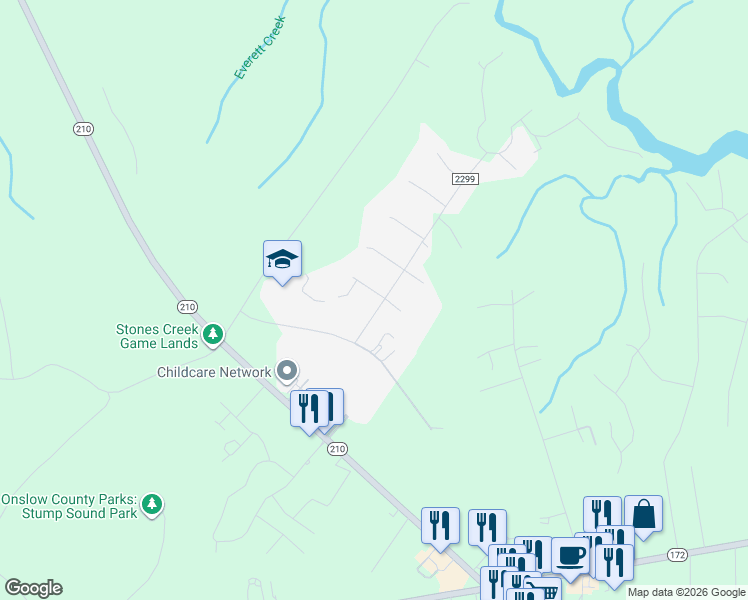 map of restaurants, bars, coffee shops, grocery stores, and more near 723 Jim Grant Avenue in Sneads Ferry