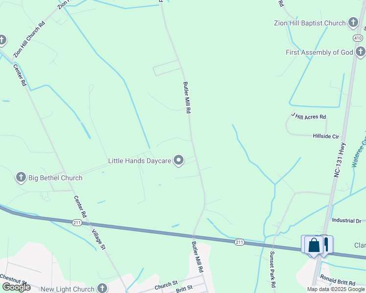 map of restaurants, bars, coffee shops, grocery stores, and more near 57 Gland South Lane in Bladenboro