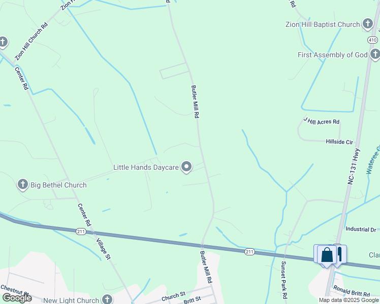 map of restaurants, bars, coffee shops, grocery stores, and more near 57 Gland South Lane in Bladenboro