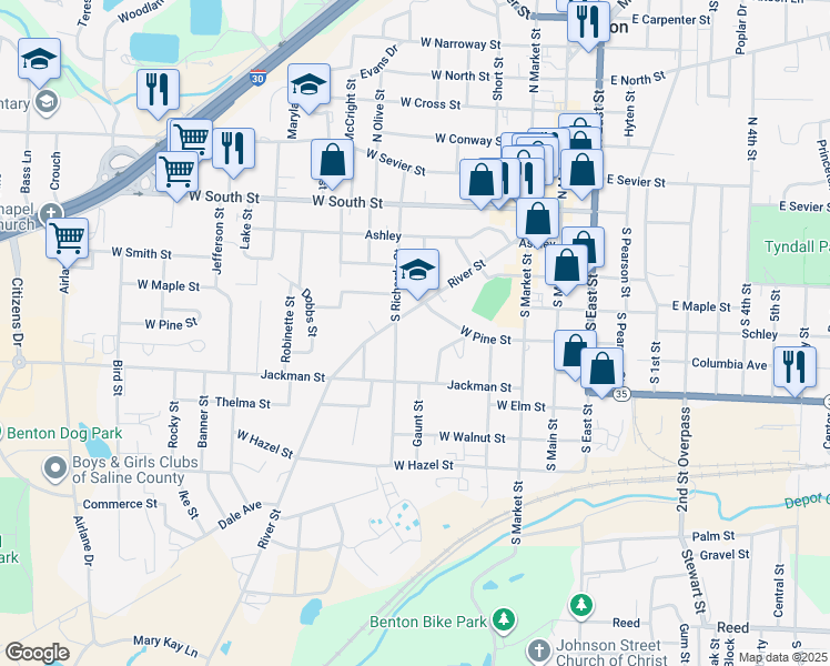 map of restaurants, bars, coffee shops, grocery stores, and more near 536 River Street in Benton